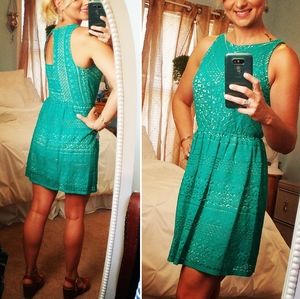 Teal lace dress with cream/tan underlay
